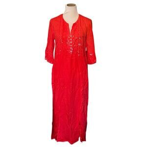 120% Lino Tunic Kaftan Dress •M• Linen Lagenlook Luxury Beach Maxi Coral Sequins